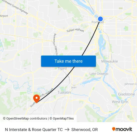 N Interstate & Rose Quarter TC to Sherwood, OR map