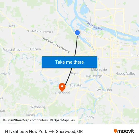 N Ivanhoe & New York to Sherwood, OR map