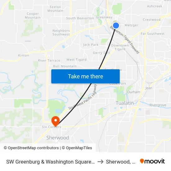 SW Greenburg & Washington Square Rd to Sherwood, OR map