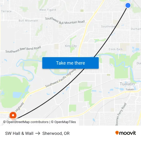 SW Hall & Wall to Sherwood, OR map