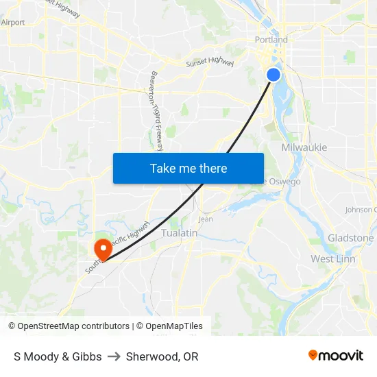 S Moody & Gibbs to Sherwood, OR map
