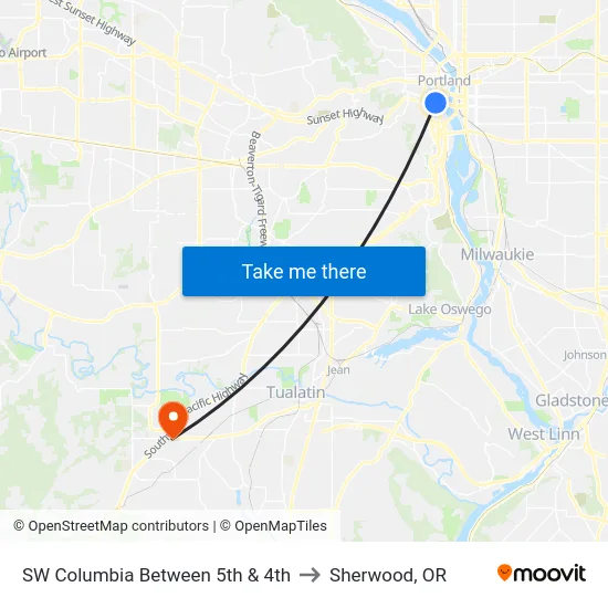 SW Columbia Between 5th & 4th to Sherwood, OR map