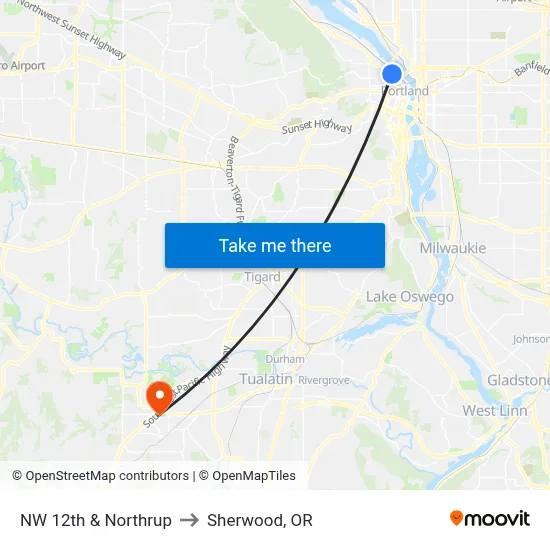 NW 12th & Northrup to Sherwood, OR map