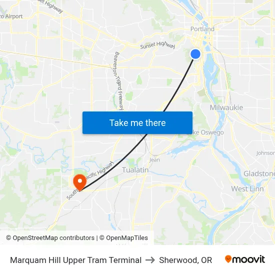 Marquam Hill Upper Tram Terminal to Sherwood, OR map