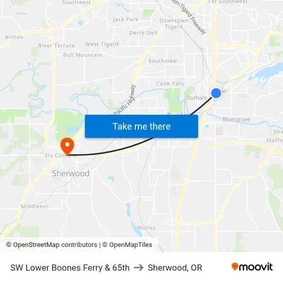 SW Lower Boones Ferry & 65th to Sherwood, OR map