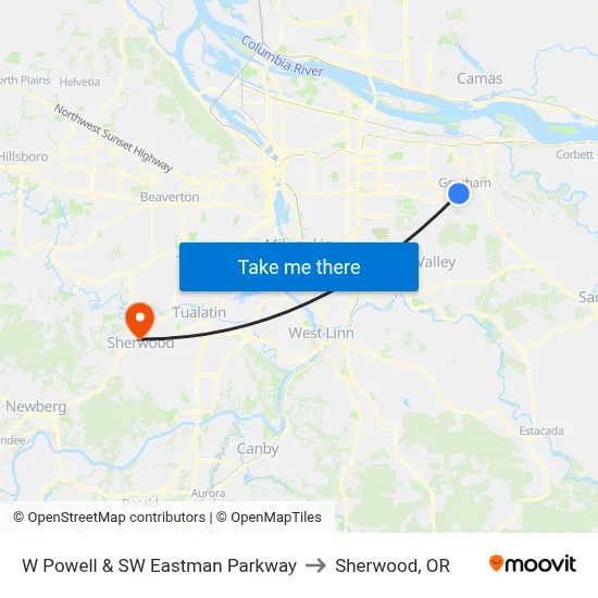 W Powell & SW Eastman Parkway to Sherwood, OR map