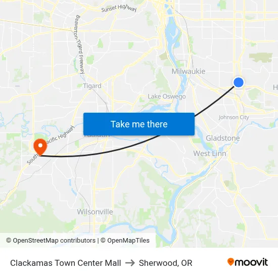 Clackamas Town Center Mall to Sherwood, OR map
