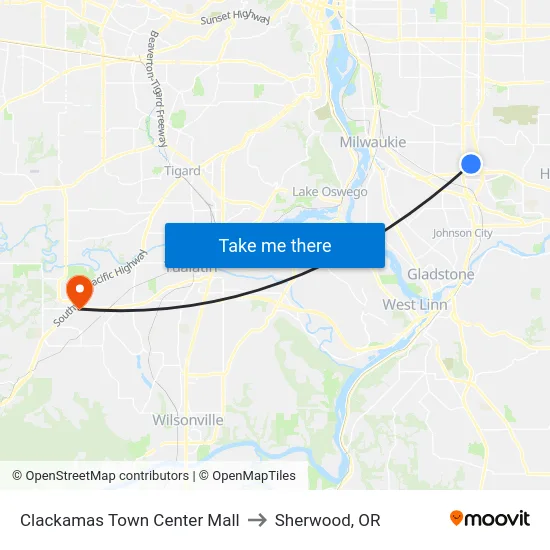 Clackamas Town Center Mall to Sherwood, OR map
