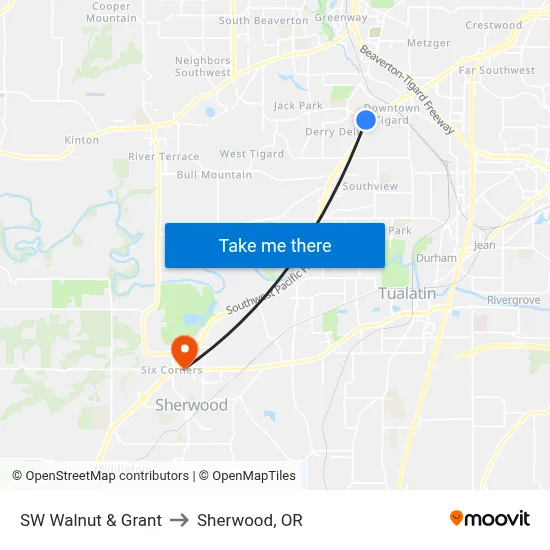 SW Walnut & Grant to Sherwood, OR map