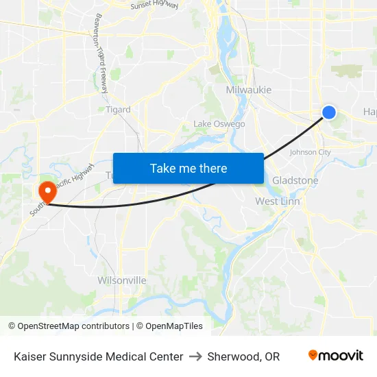 Kaiser Sunnyside Medical Center to Sherwood, OR map