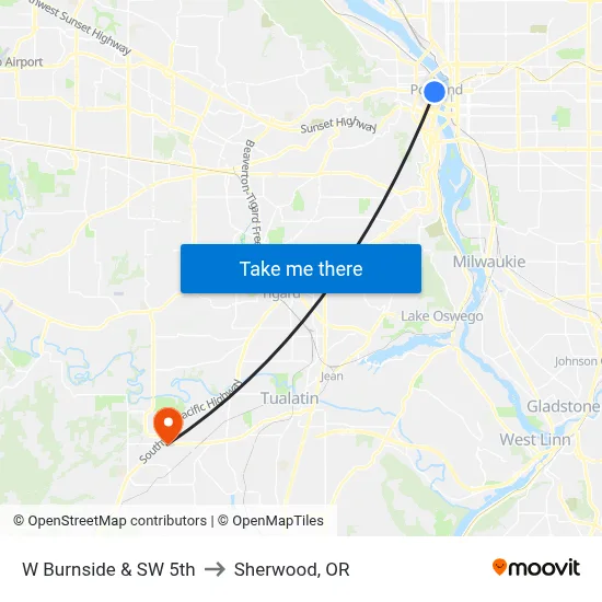 W Burnside & SW 5th to Sherwood, OR map