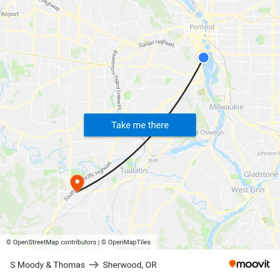 S Moody & Thomas to Sherwood, OR map