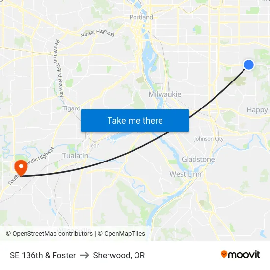 SE 136th & Foster to Sherwood, OR map