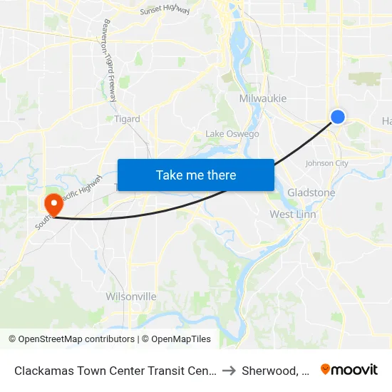 Clackamas Town Center Transit Center to Sherwood, OR map