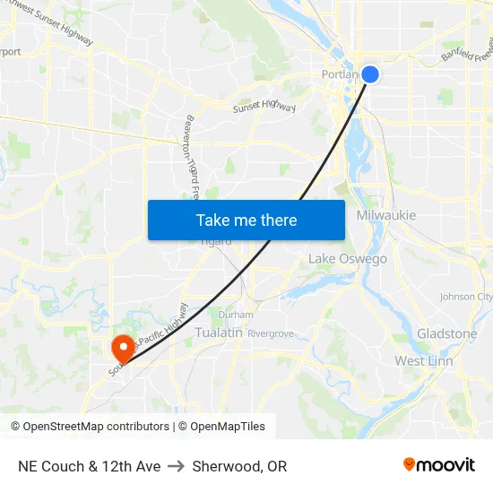 NE Couch & 12th Ave to Sherwood, OR map