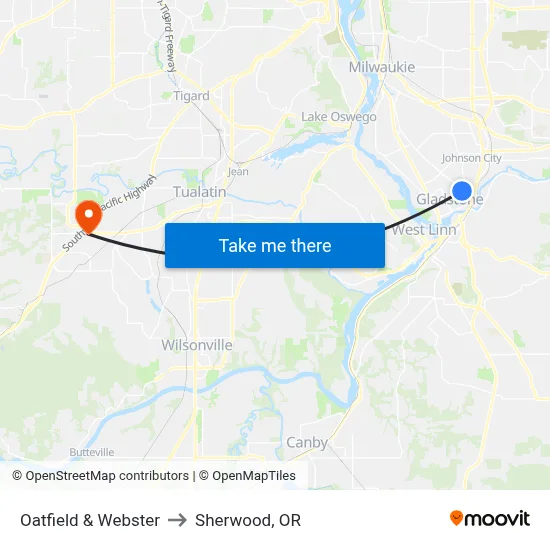Oatfield & Webster to Sherwood, OR map