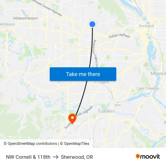 NW Cornell & 118th to Sherwood, OR map