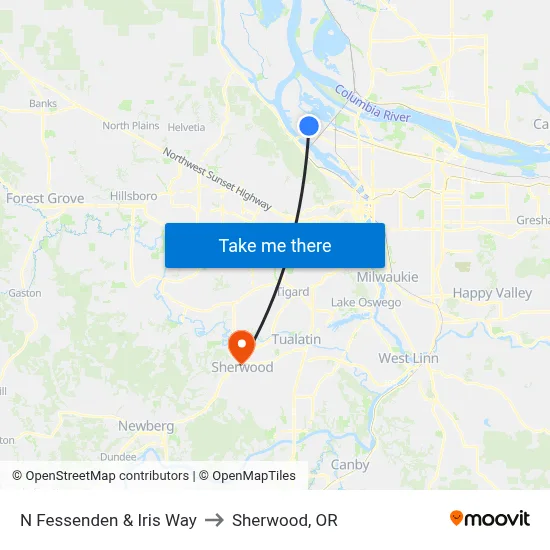 N Fessenden & Iris Way to Sherwood, OR map