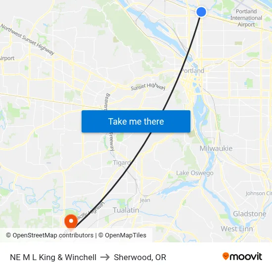 NE M L King & Winchell to Sherwood, OR map