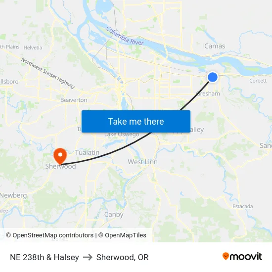 NE 238th & Halsey to Sherwood, OR map