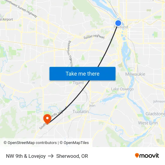 NW 9th & Lovejoy to Sherwood, OR map