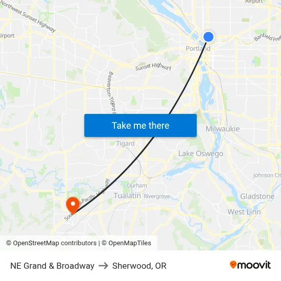 NE Grand & Broadway to Sherwood, OR map