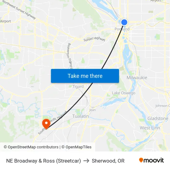 NE Broadway & Ross (Streetcar) to Sherwood, OR map