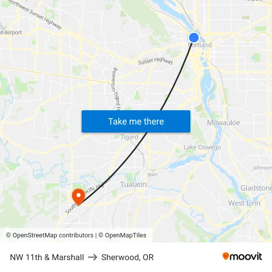 NW 11th & Marshall to Sherwood, OR map