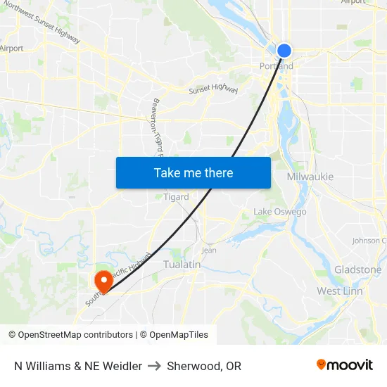 N Williams & NE Weidler to Sherwood, OR map