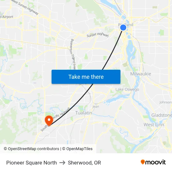 Pioneer Square North to Sherwood, OR map