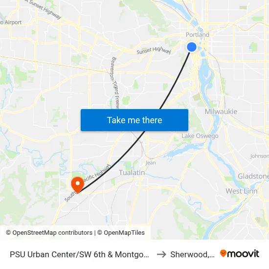 PSU Urban Center/SW 6th & Montgomery St to Sherwood, OR map