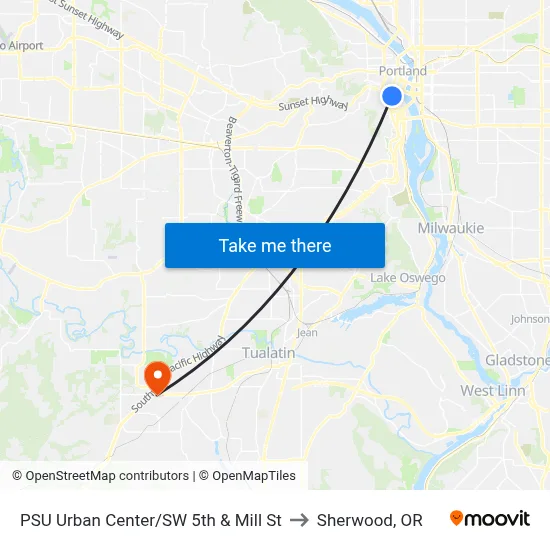 PSU Urban Center/SW 5th & Mill St to Sherwood, OR map