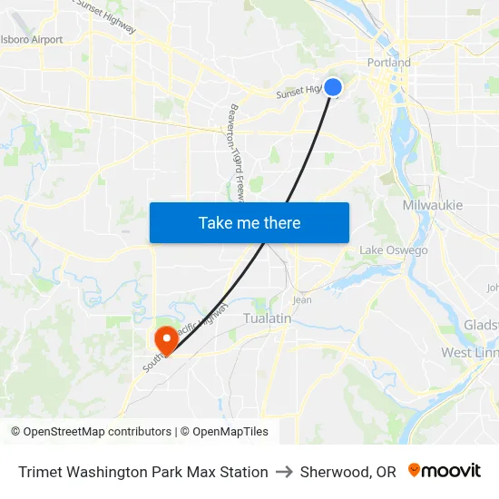Trimet Washington Park Max Station to Sherwood, OR map
