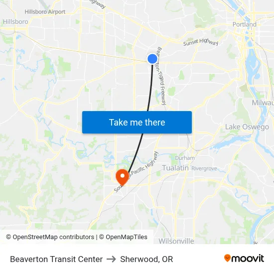 Beaverton Transit Center to Sherwood, OR map