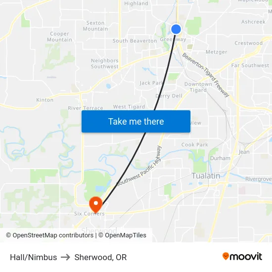 Hall/Nimbus to Sherwood, OR map