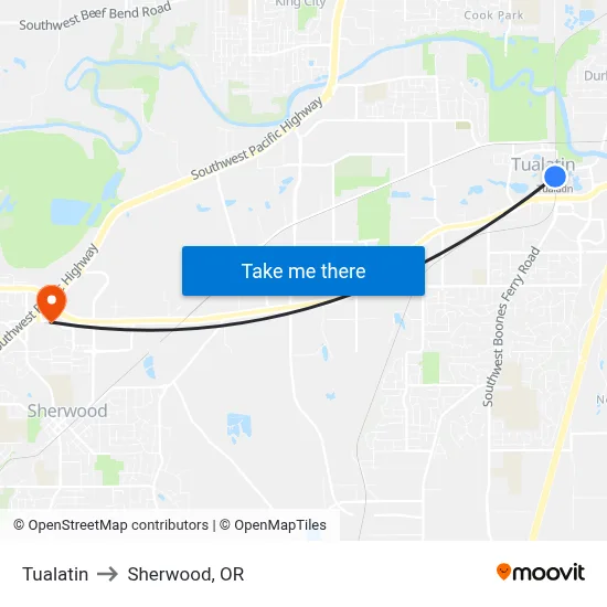 Tualatin to Sherwood, OR map