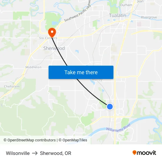Wilsonville to Sherwood, OR map