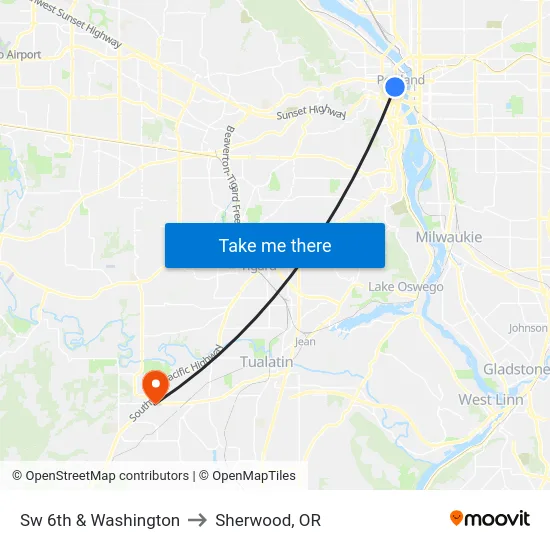 Sw 6th & Washington to Sherwood, OR map
