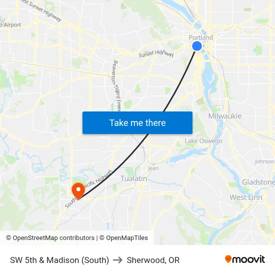 SW 5th & Madison (South) to Sherwood, OR map