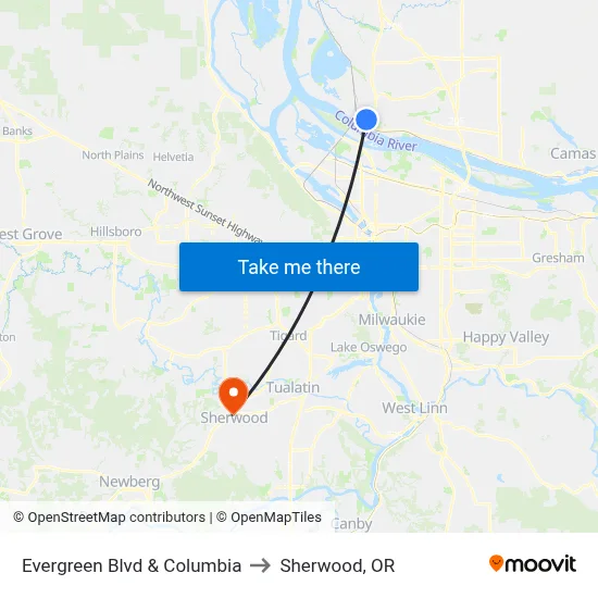 Evergreen Blvd & Columbia to Sherwood, OR map