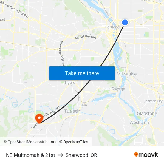 NE Multnomah & 21st to Sherwood, OR map