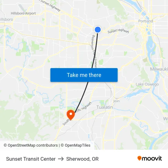 Sunset Transit Center to Sherwood, OR map