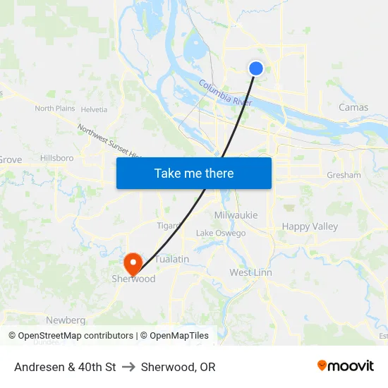 Andresen & 40th St to Sherwood, OR map