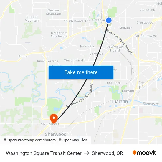 Washington Square Transit Center to Sherwood, OR map
