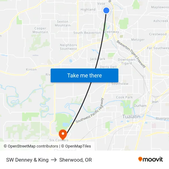 SW Denney & King to Sherwood, OR map