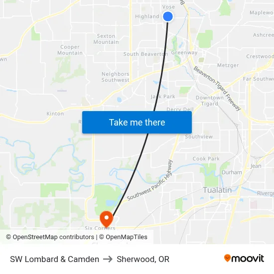 SW Lombard & Camden to Sherwood, OR map