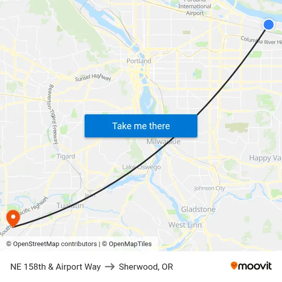 NE 158th & Airport Way to Sherwood, OR map