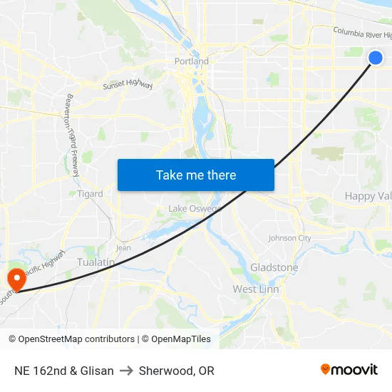 NE 162nd & Glisan to Sherwood, OR map