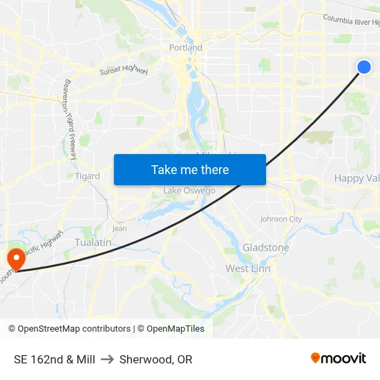 SE 162nd & Mill to Sherwood, OR map