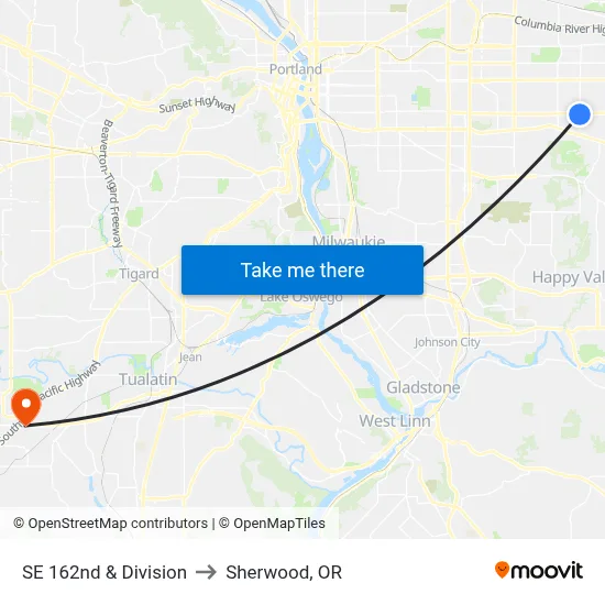 SE 162nd & Division to Sherwood, OR map